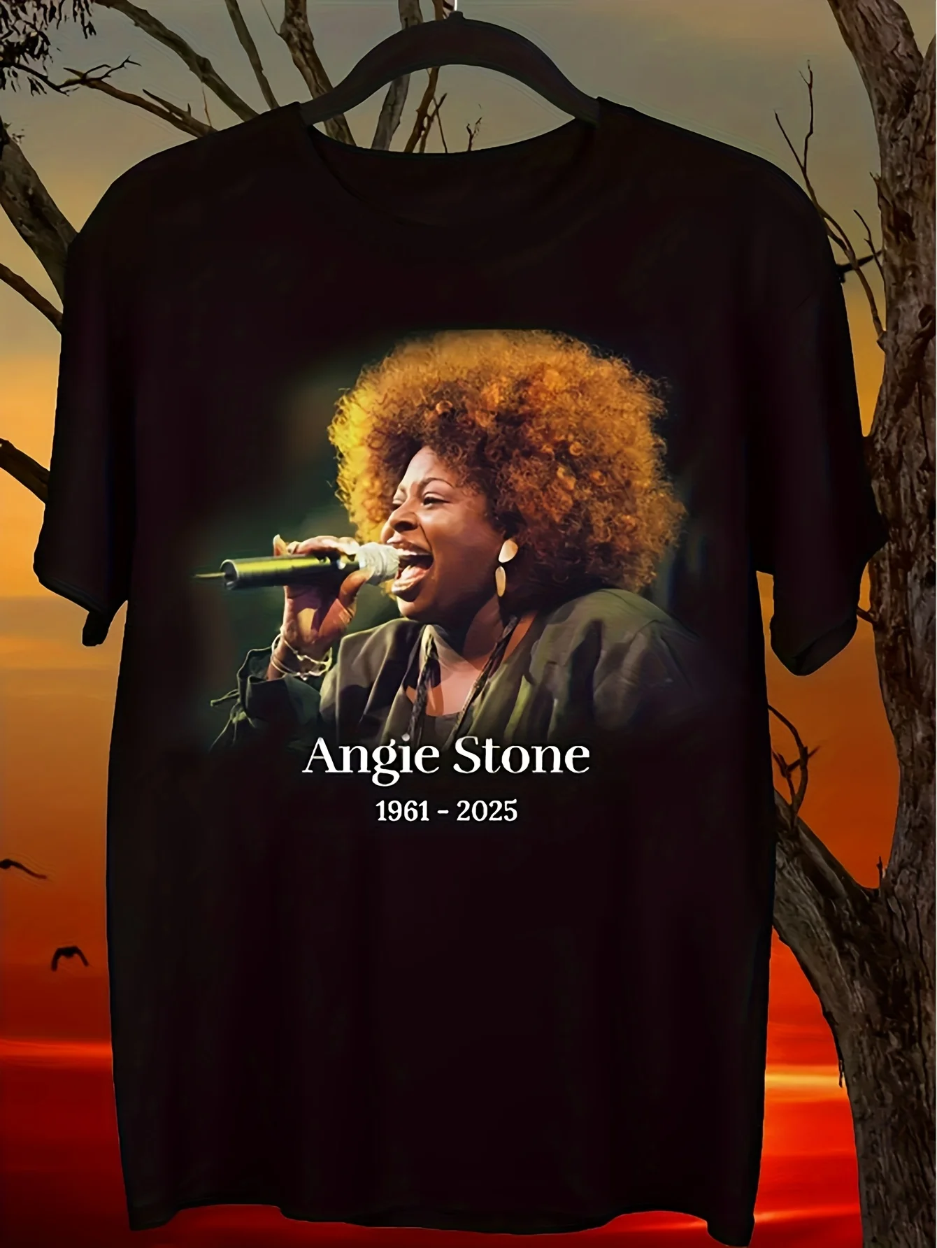 

Men's Angie Stone Tribute Graphic Tee - 100% Cotton Loose Fit Short Sleeve T-Shirt with Vibrant Stage Performance Print &