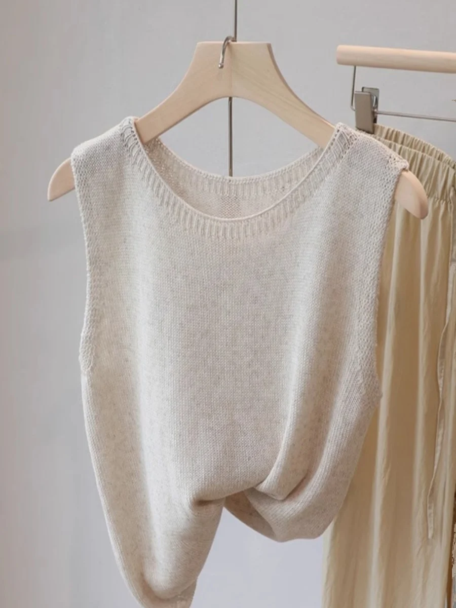 

Autumn Winter Linen Knitted Sweater Vest Women's Sleeveless Strapless Layering Outerwear Top Commute Style round Neck