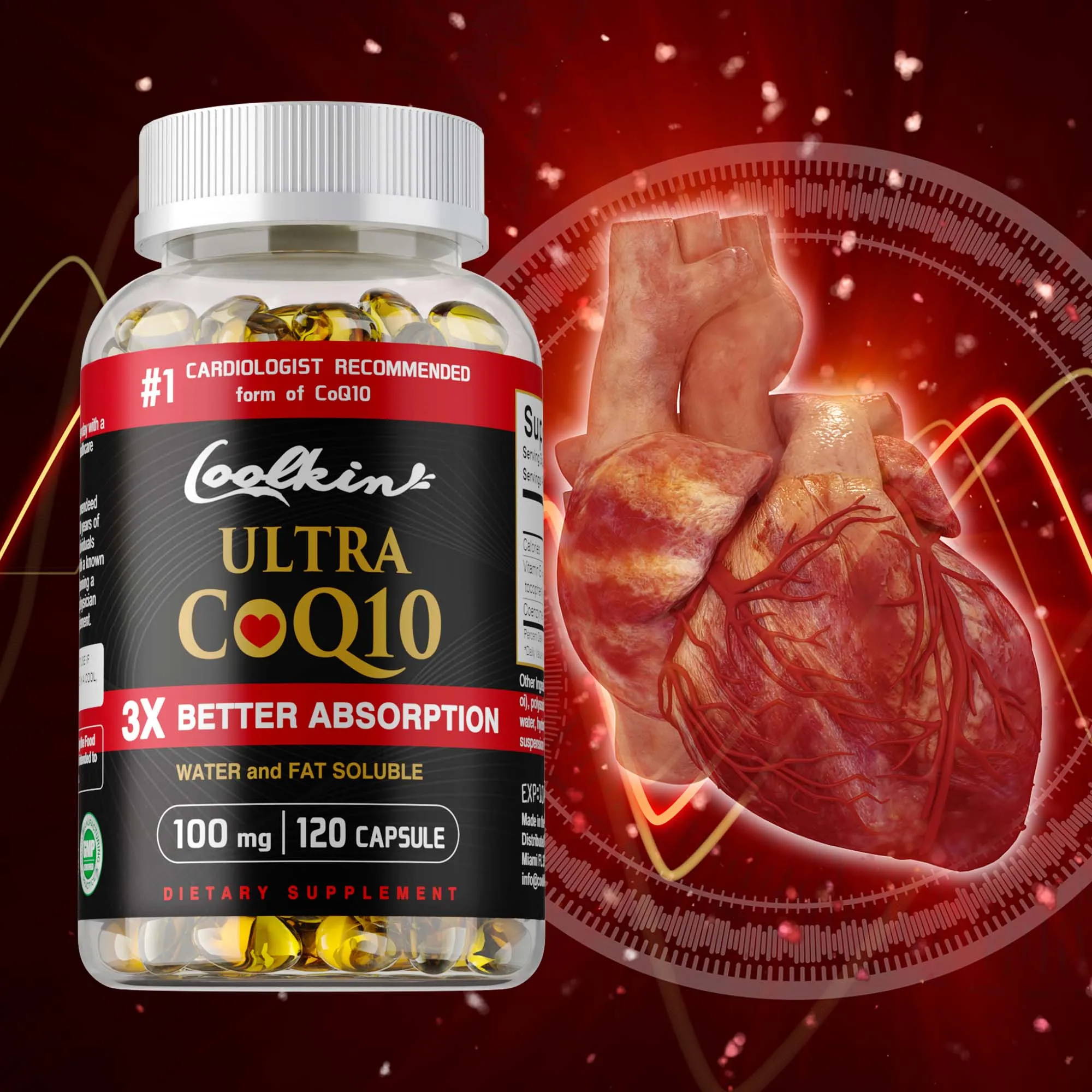 

CoQ10 Capsules - Antioxidant, Absorption, Cellular Energy, Improves Blood Circulation, Supports Heart & Cardiovascular Health