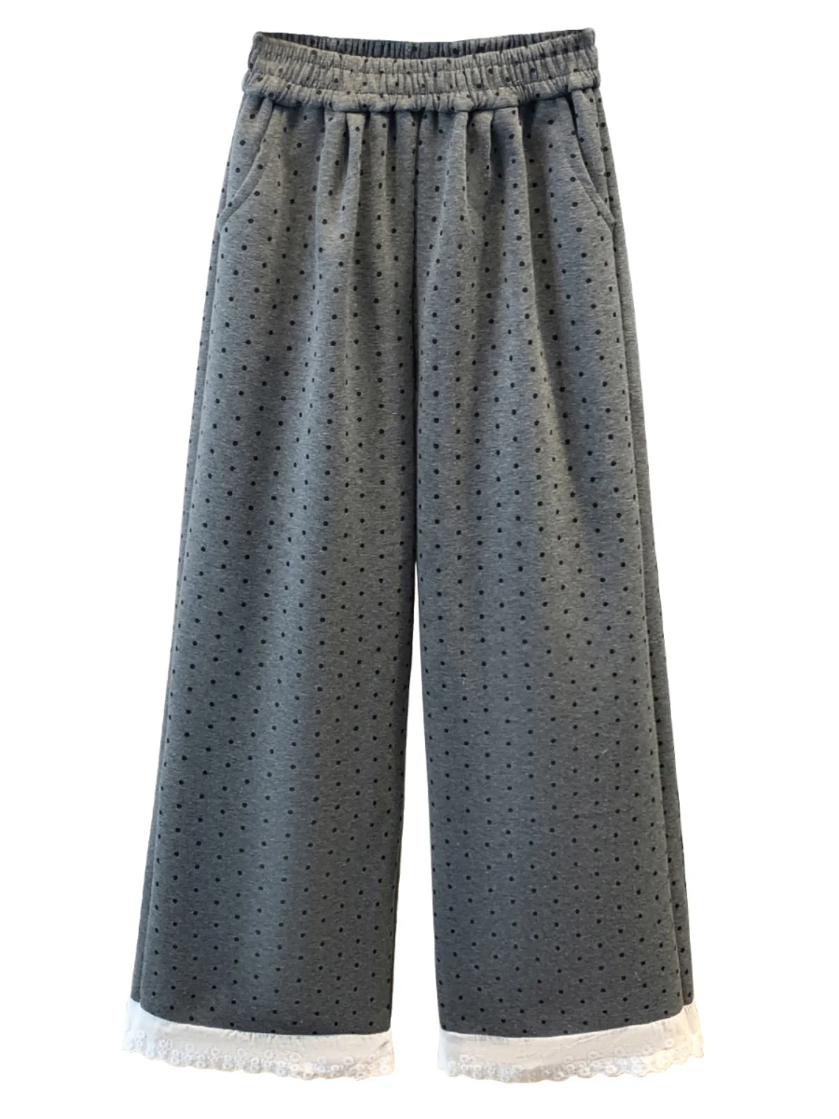 Retro Polka Dot Breite Bein Hosen Spitze Patchwork Elastische Taille Beiläufige Gerade Leggings Frühling Sommer plus Größe frauen Kleidung