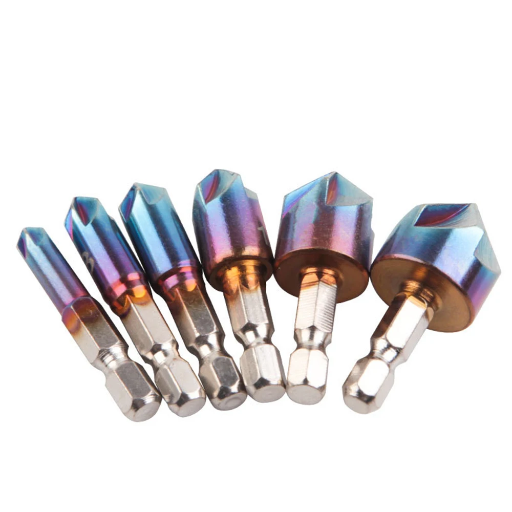 Broca de avellanado de chaflán de acero de alto carbono, vástago hexagonal, broca de avellanado, de cinco bordes, chapado en azul, 6-19mm, 6 piezas
