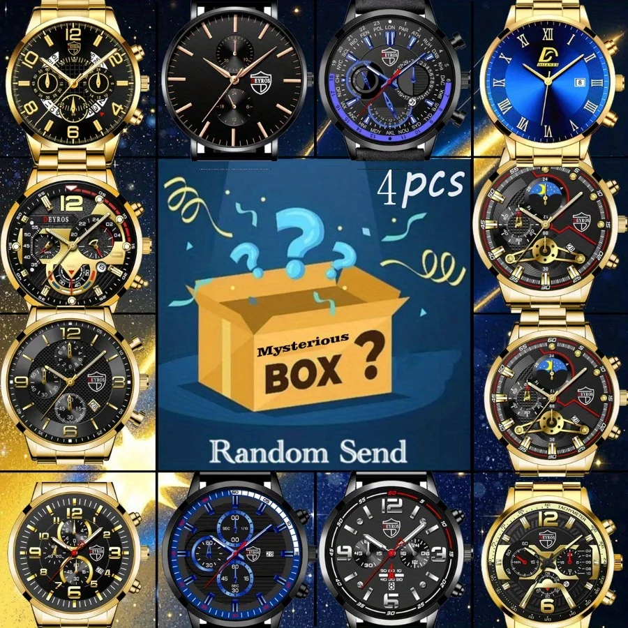 

Mystery Box Купите 1 комплект 3, бесплатные случайные 4 штуки кварцевых модных деловых часов с круглым циферблатом Лучший выбор для новогодних подарков