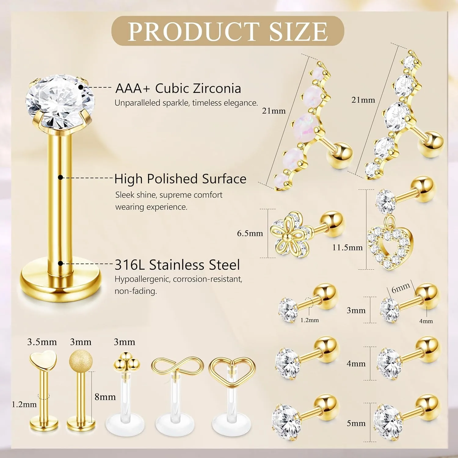 Bobisty 24 szt. 16G Kolczyki do Tragus ze Stali Nierdzewnej, Kolczyki do Chrząstki, Pierścienie do Nosa, Septum, Labret, do Wargi, Muszli, Koła, Sztyfty