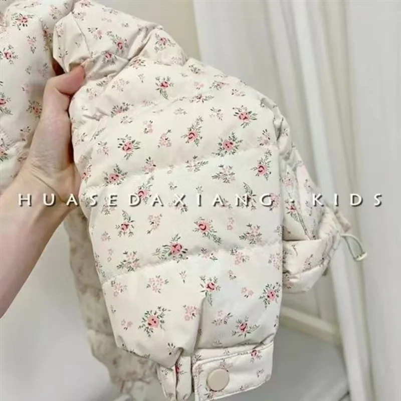 Baby Girls Winter Down Cotton Jacket Kid Printing Flower Clothes Loose Korean Version Coat Thicken Warm Snowsuit Child Outerwear