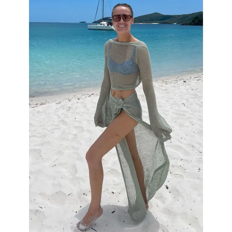 2024 Summer Mesh Hollow Sheer Vacation Beach 2 Piece Set Women V Neck Bandage Crop Tops High Split Skirt Lady Bikini Cover Up