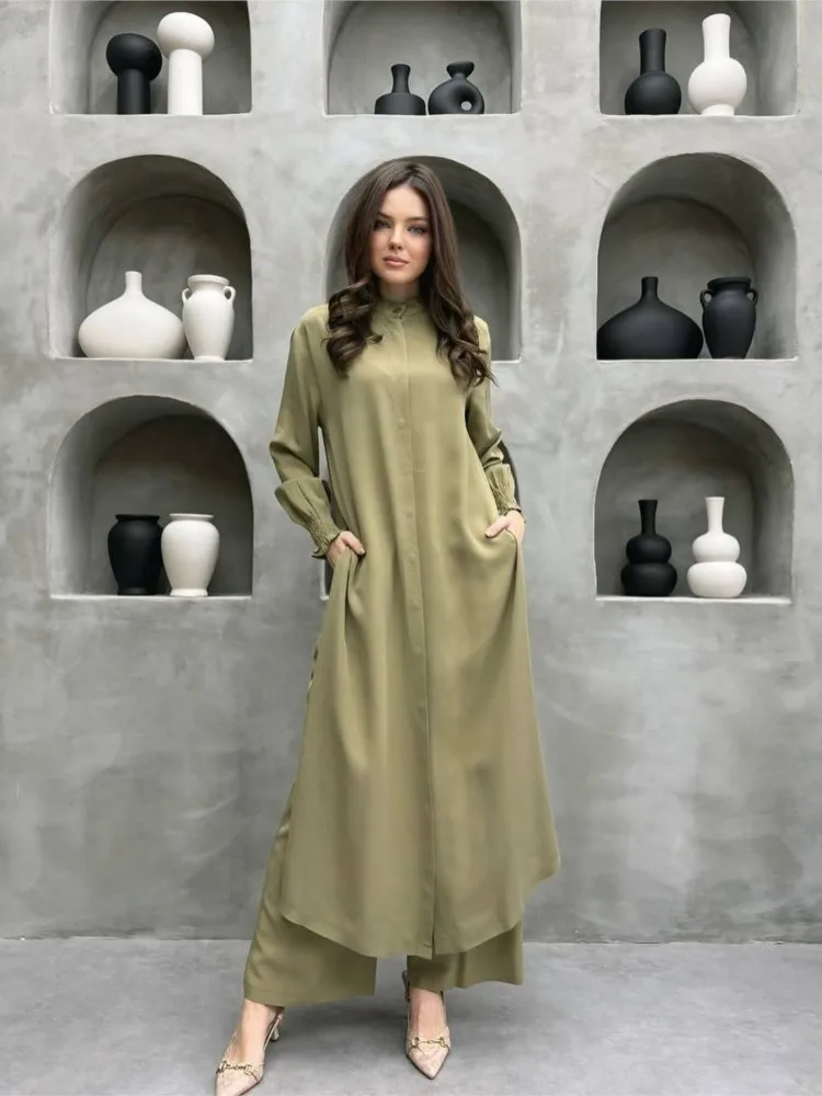 

Women's Muslim Fashion Multi-button Slit Stand Collar Shirt Casual Straight Trousers 2piece Sets Autumn Solid Long Sleeve Suit