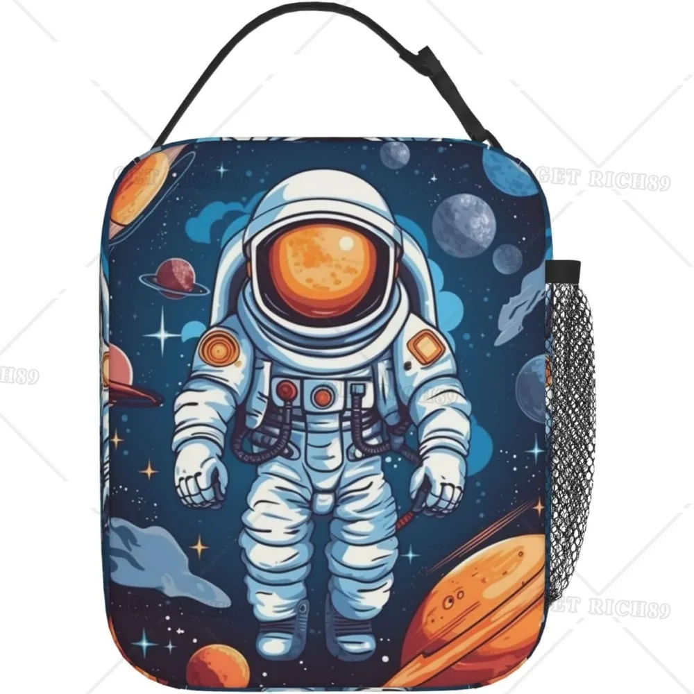 Universe Astronaut Rocket Galaxy Print Lunch Bag for Women Men Insulated Lunch Box Reusable Tote Bag for Work Trip Office Travel