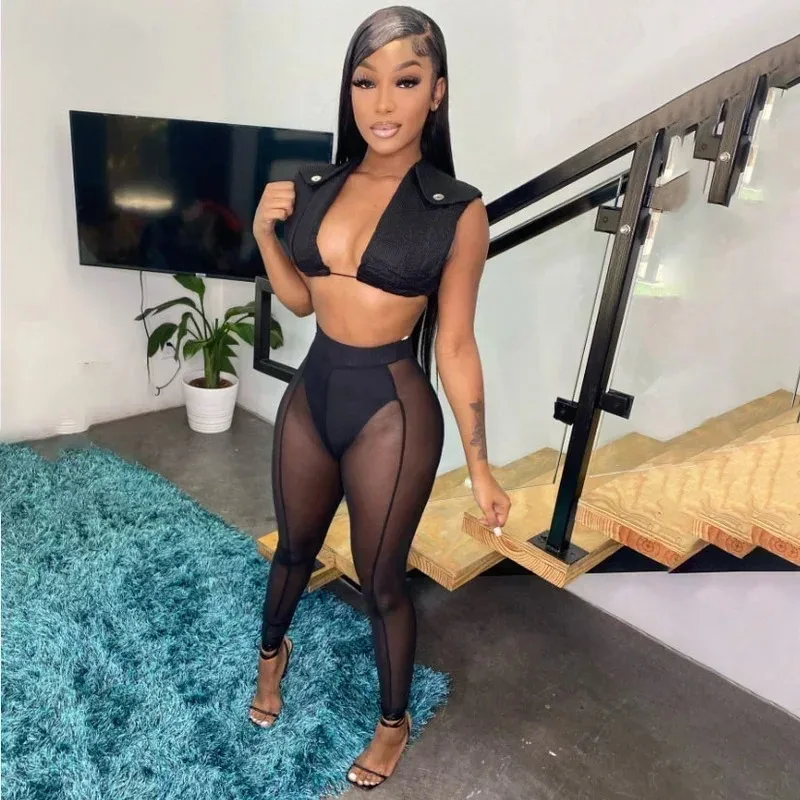 

GUWU Черный комплект леггинсов из 2 предметов Сексуальная клубная одежда Пляжный комплект из двух предметов Женская одежда Укороченный топ и прозрачные сетчатые брюки