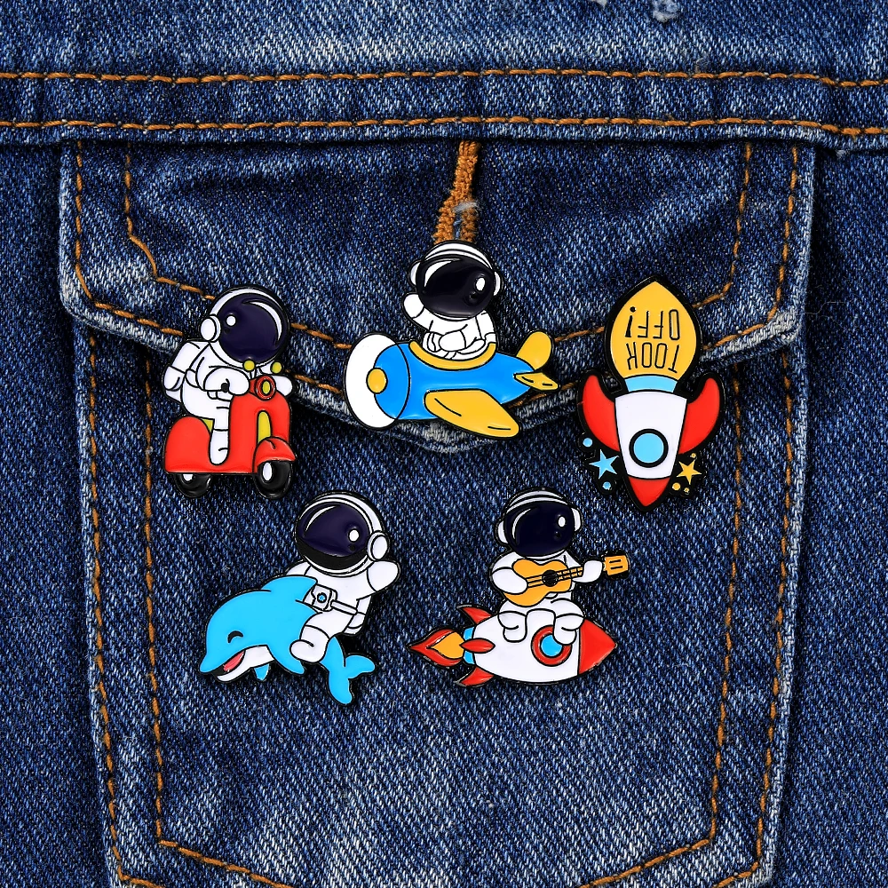 5Pcs Creative Astronaut Drive Plane Dolphin Electric Bicycle Pins Rocket Took Off Guitar Cosmonaut Enamel Brooches