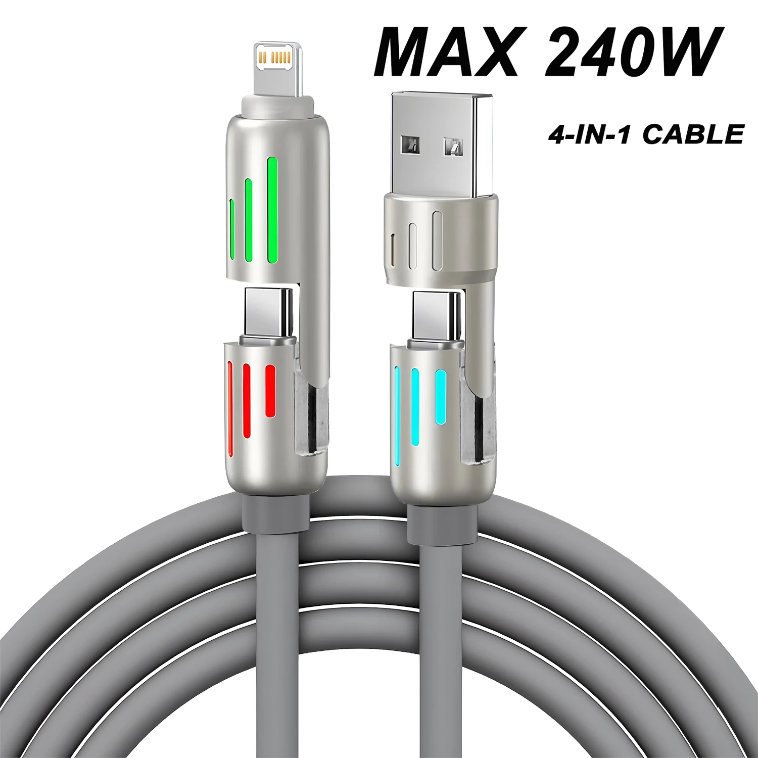 1M/1.5M 4 in 1 Data Line 240W Fast Charge USB Type C PD Silicone Aluminum Alloy Data Cable for iPhone Huawei Samsung Xiaomi Hono