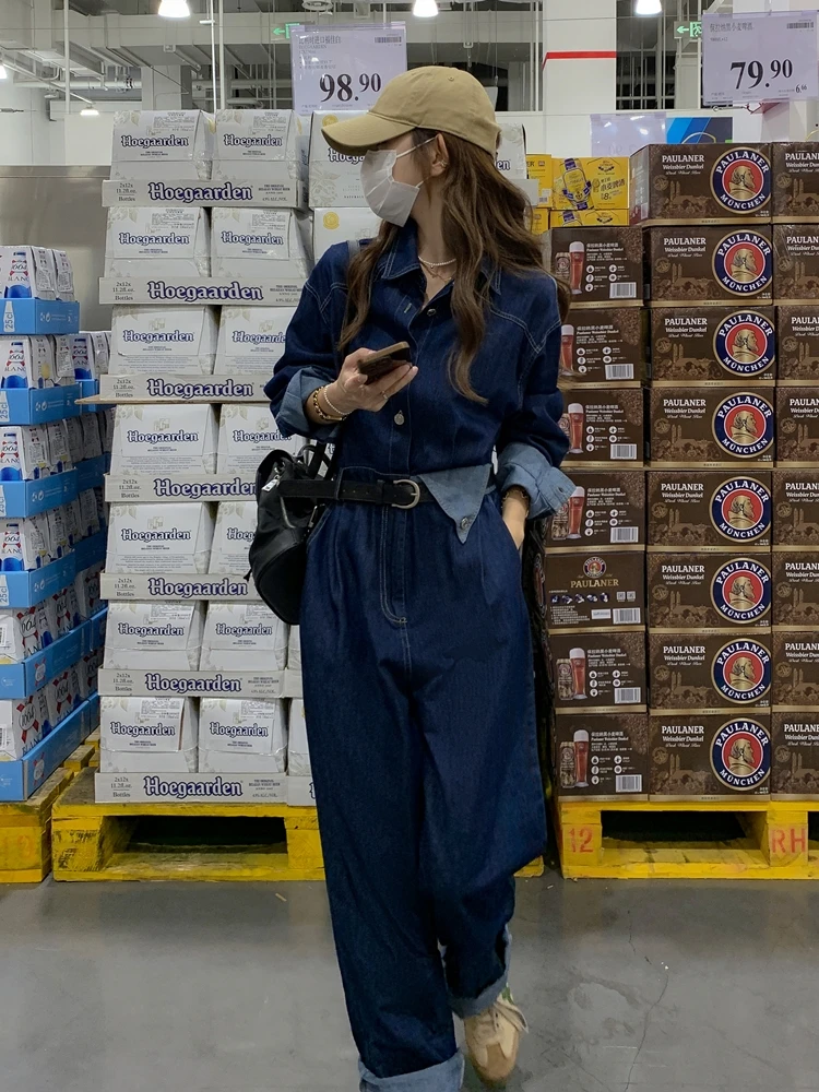 Lusam Tuta di jeans a gamba larga a vita alta da donna Primavera Autunno Nuovo Sle Hong Kong Sle Abito intero dimagrante fino al pavimento