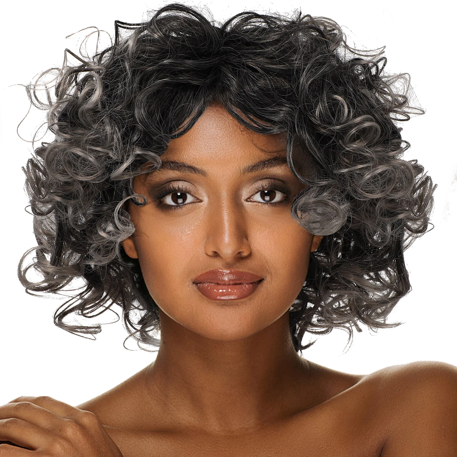 New Chic Afro Curly Women Wigs Natural Hairline Black Silver Gray Mixed Synthetic Hairpiece