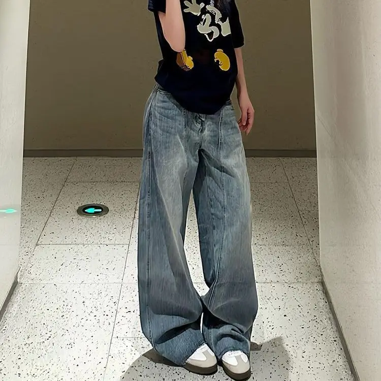 

Retro American Wide Leg Denim Jeans Women's Autumn Thin High Waist Slimming Drape Loose Lazy Sle Floor-Length Pants