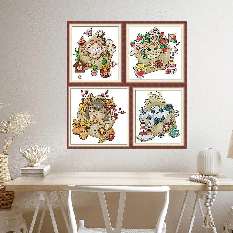 Joy Sunday Four Seasons Of Stamps Printed Cross Stitch Kits Aida Cloth 16CT 14CT Fabric DIY Canvas Craft Hand Embroidery Sets