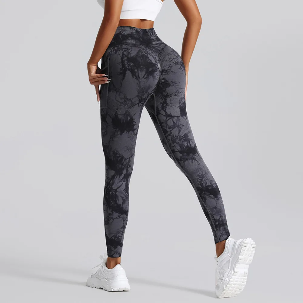 New Seamless Tie Dye Yoga Pants Sports Leggings Women High Waist Push Up Tights Fitness Workout Side Pocket Pants Gym Clothing