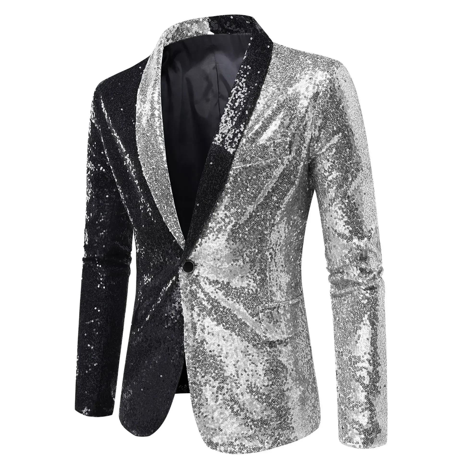 

Men's Colorblock Sequin Glitter Blazer One Button Peak Collar Tuxedo Nightclub Prom Suit Coats Mens Costume Homme Stage Clothes