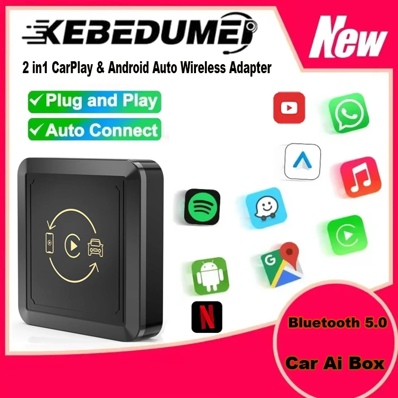 

2in1 CarPlay & Android Auto Wireless Adapter Plug and Play Car Ai Box Car Wired to Wireless Dongle for VW Hyundai Toyota Honda