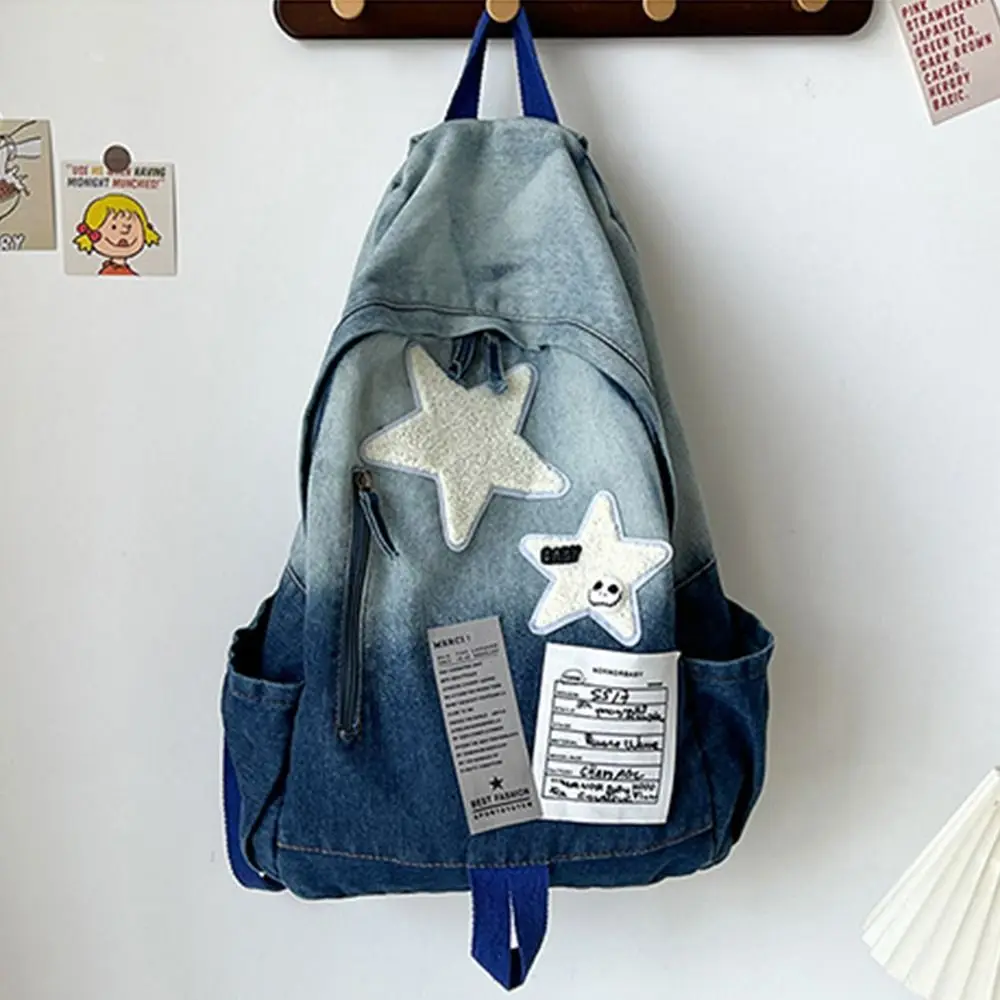 Модный вместительный рюкзак из джинсовой ткани со звездами Y2K, универсальный школьный рюкзак, студенческий уличный рюкзак унисекс со звездами