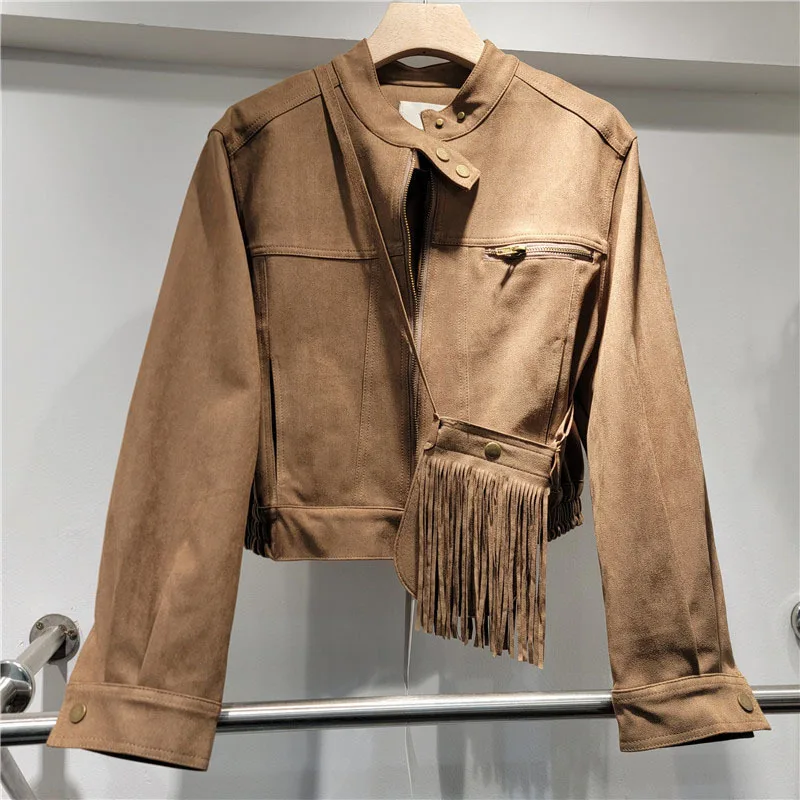 DEAT Women's Coat Stand Collar Solid Color Zipper Suede Short Jackets With Tassel Crossbody Bag 2025 New Fashion Spring 29L8850