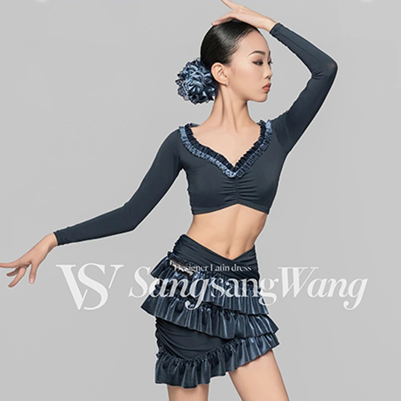 New Girls Latin Dance Costume Long Sleeves Tops Skirt Performance Clothes Kids Cha Cha Rumba Dance Practice Wear Dress DNV19102