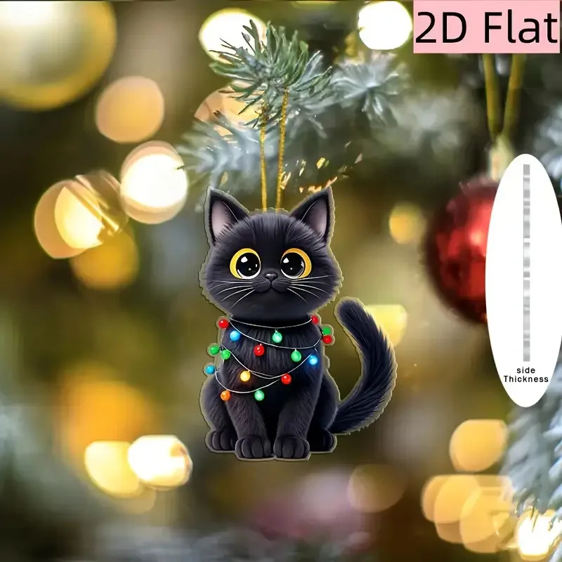 Black Cat Christmas Tree Ornament, Acrylic Xmas Tree Hanging Decoration, And Gift Decor With Expressive Eyes And Tabby Face