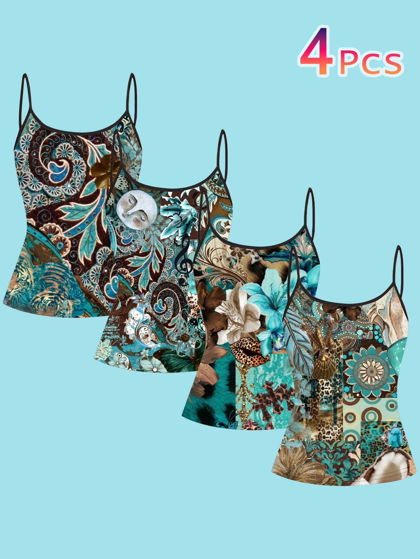 4-Piece Set of Women's Vintage Brown and Green Color-Blocked Ethnic Style Floral Moon Leopard Print Spaghetti Strap Camisole Slim Fit Inner Layering Top