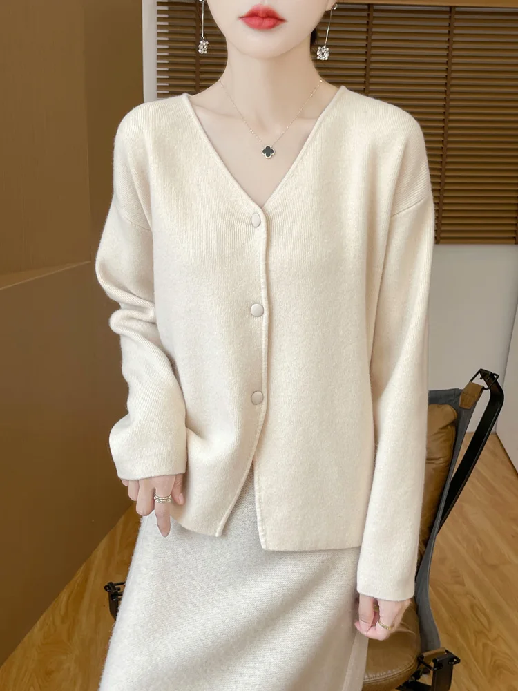 100% Pure Wool Coat Women's Clothing V-neck Knitted Cardigan Autumn Winter New Thick Top fashion Korean Solid Color Shirt