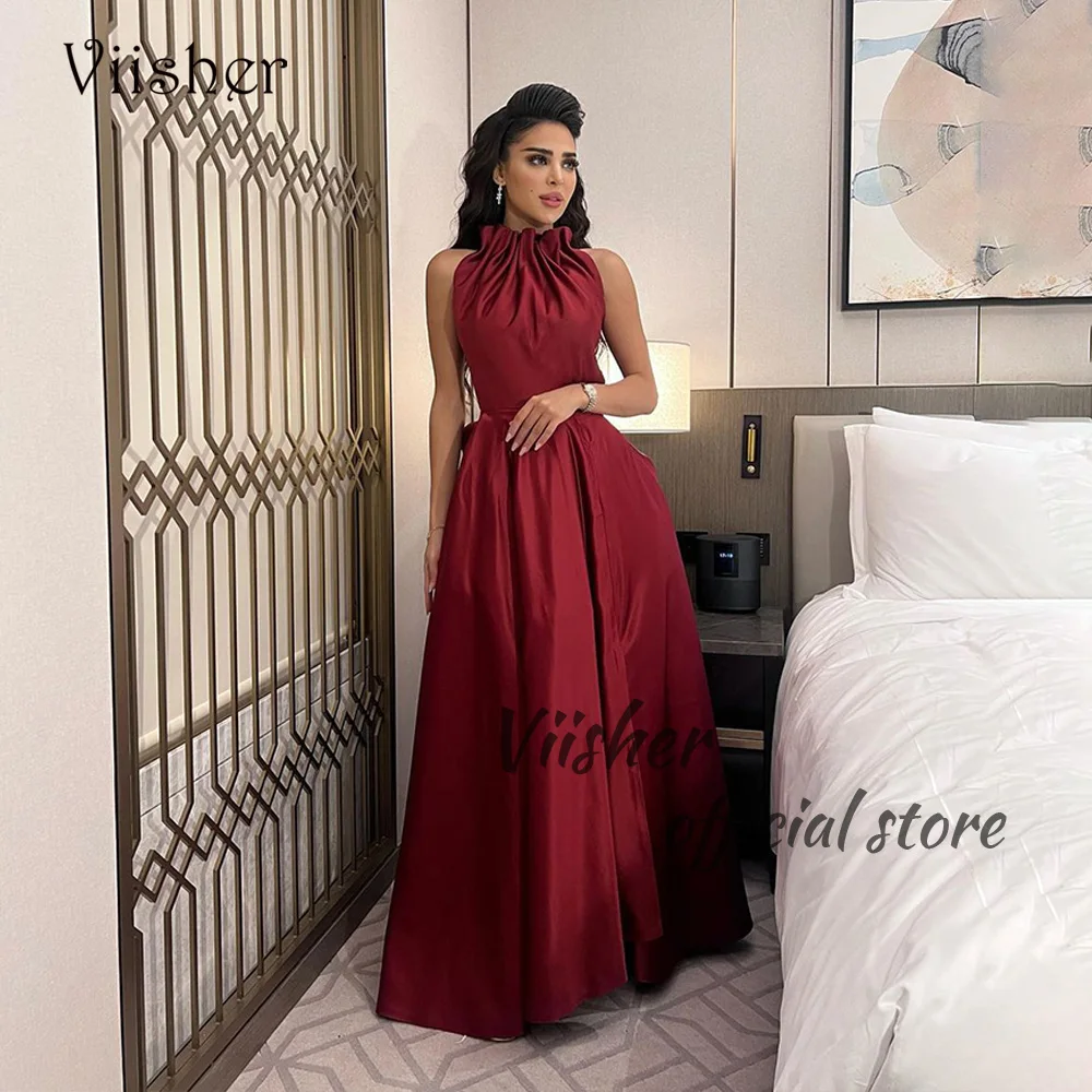 

Viisher Burgundy A Line Evening Dresses High Neck Pleats Satin Long Formal Prom Dress Floor Length Dubai Arabic Evening Gowns