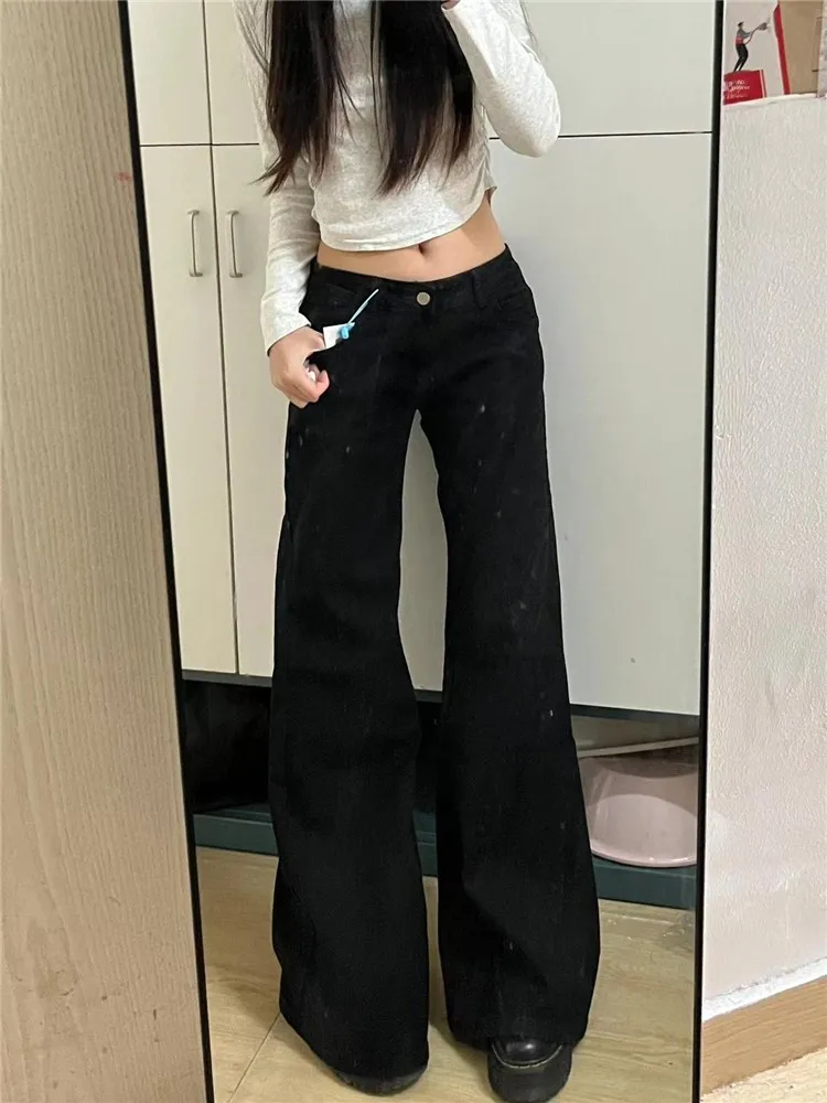 

American Retro Vintage Black Wide Leg Bell Bottom Jeans Women's Low Waist Spicy Tall Extended Floor Length Pants