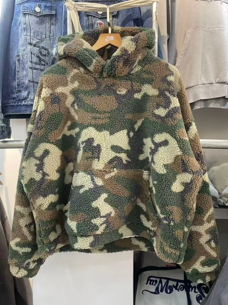

American Retro Camouflage Lamb Velvet Hoodie Oversize Loose Casual Hooded Jaet Trendy ex Long Sve Warm Leisure Wear
