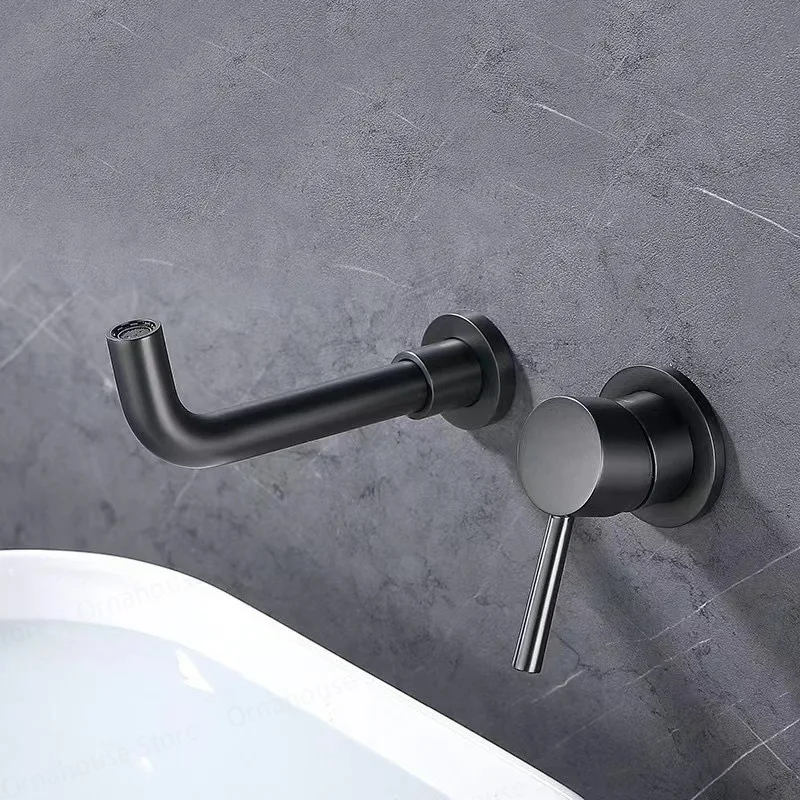 Bathroom Basin Faucet Brushed Gold Basin Concealed Wall Mounted Faucet 360 Rotation Single Handle Hot Cold Water Bath Mixer Tap