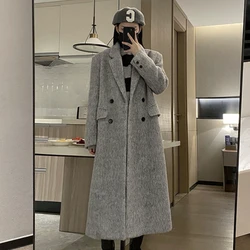 2023 Winter High-Grade Women Gray Thickened Warm Woolen Coat Female Long Below The Knee Hepburn Style Casual All-Match Outerwear