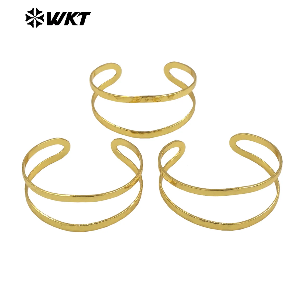 WT-B671 Wholesale Delicate Hollow Double Layer Hammer Gold Plated Brass Bangle In Open size Cuff Styles