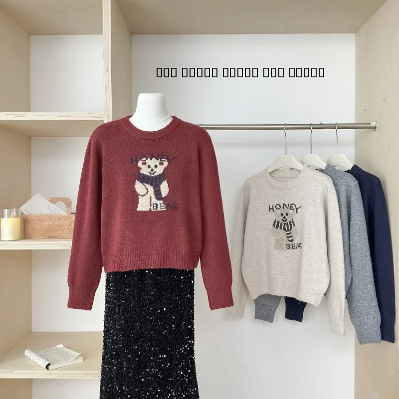 

Korean Sle round Ne Lazy Bear Knitwear Sweet Agel Cute Versatile Top Polyester Fiber 00% Spring Autumn Loose Fit