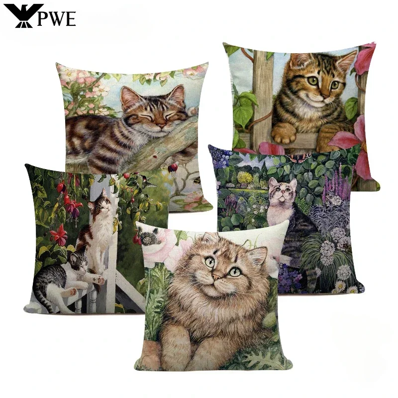 

Красочная наволочка с милым котом, спящим в саду, льняная наволочка с забавными животными, домашний декор, наволочки для сиденья