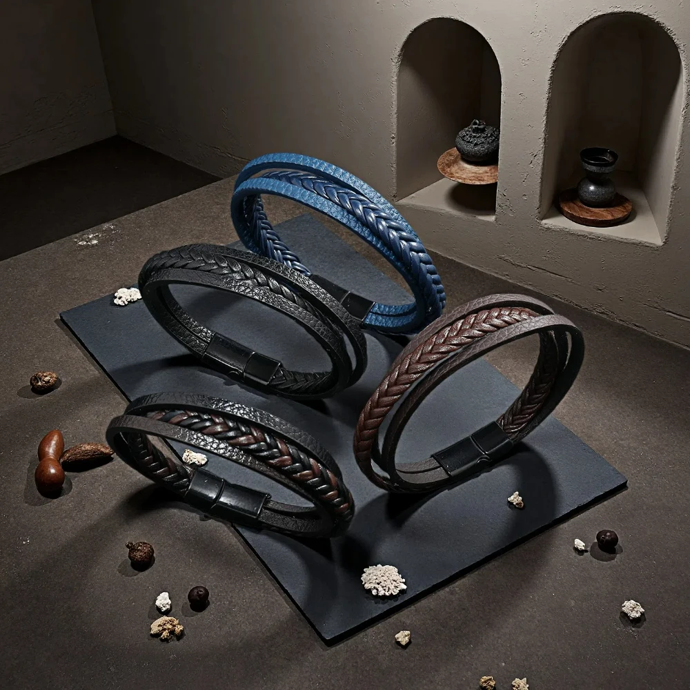 New Fashion Men Leather Bracelet 3 Layers Magentic Buckle Wrap Braslet Hiphop Rock Braided Charm Braclet Pulseria Homme Joias