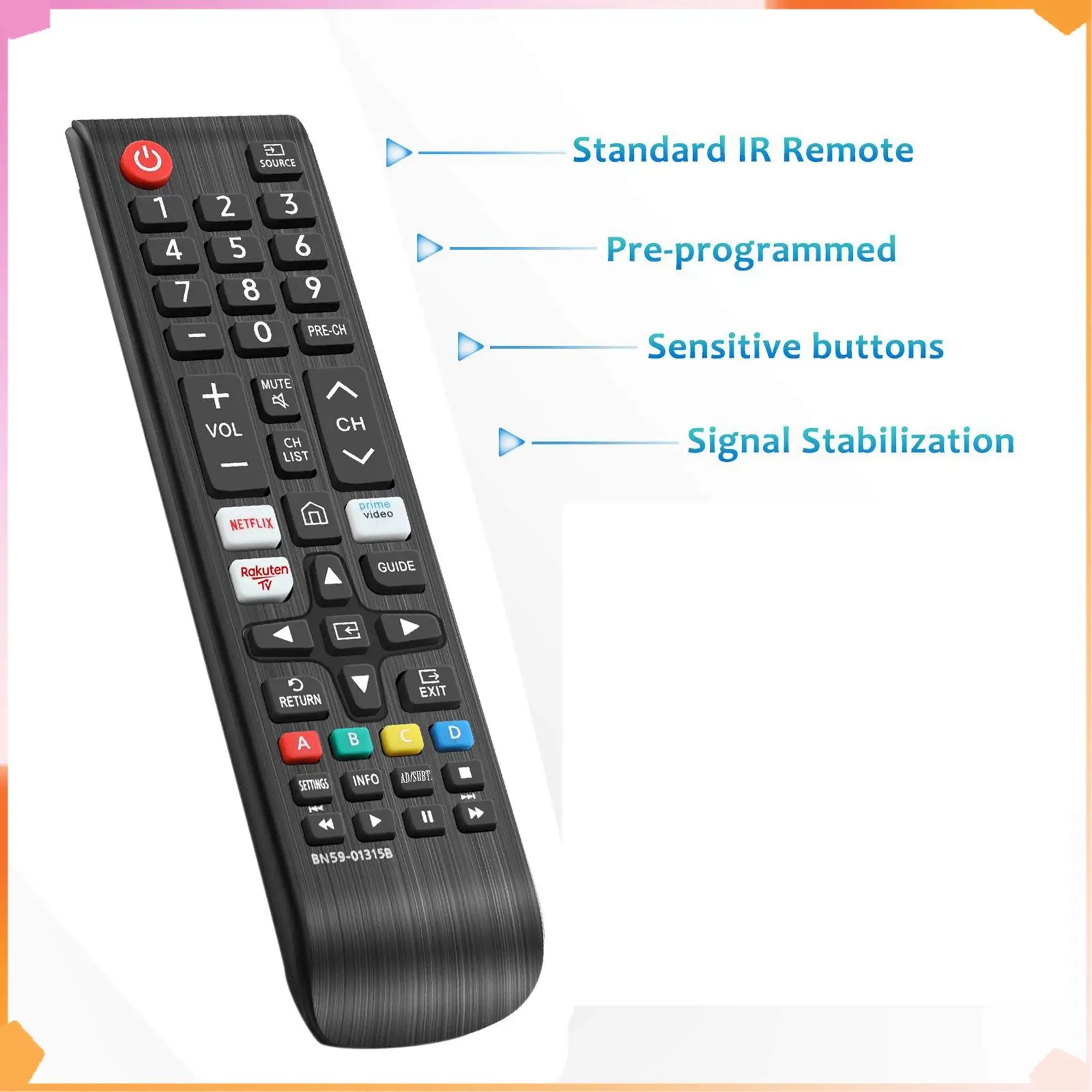 

B94A 2X BN59-01315B Remote Control Replacement For Samsung Smart TV UE43RU7105 UE50RU7179 With Netflix Prime Video