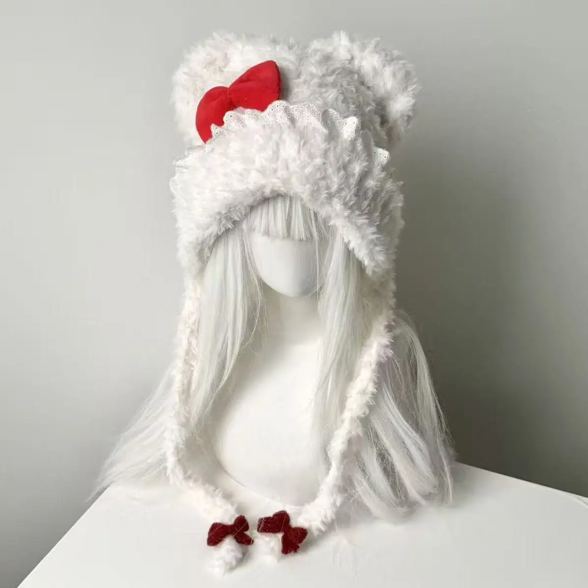 Kawaii Bear Eared Warm Cap Cover Lace Blue Red Pink Lolita Bowknot Beanie Hat Fluffy Warm Winter Y2K Hats Accessories