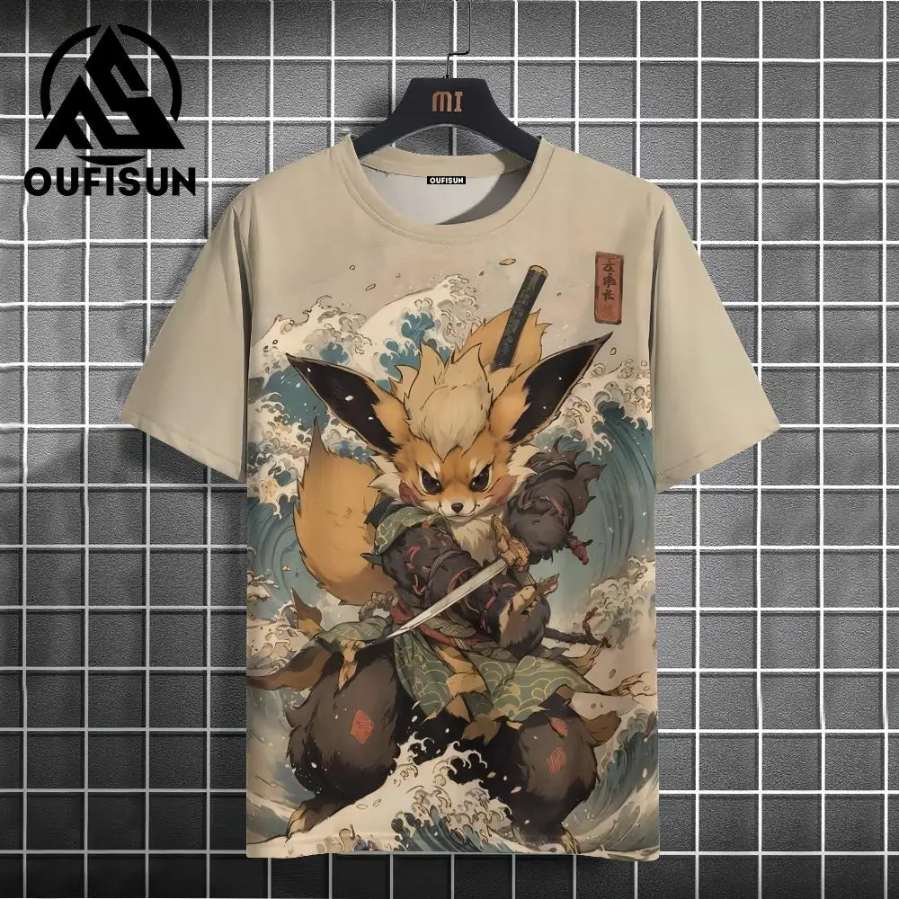 

Summer Men's T-Shirt Japanese Samurai Cat Print Casual O-Neck Short Sleeve 3d T-Shirts Street Cool Tops Oversized Male Clothing