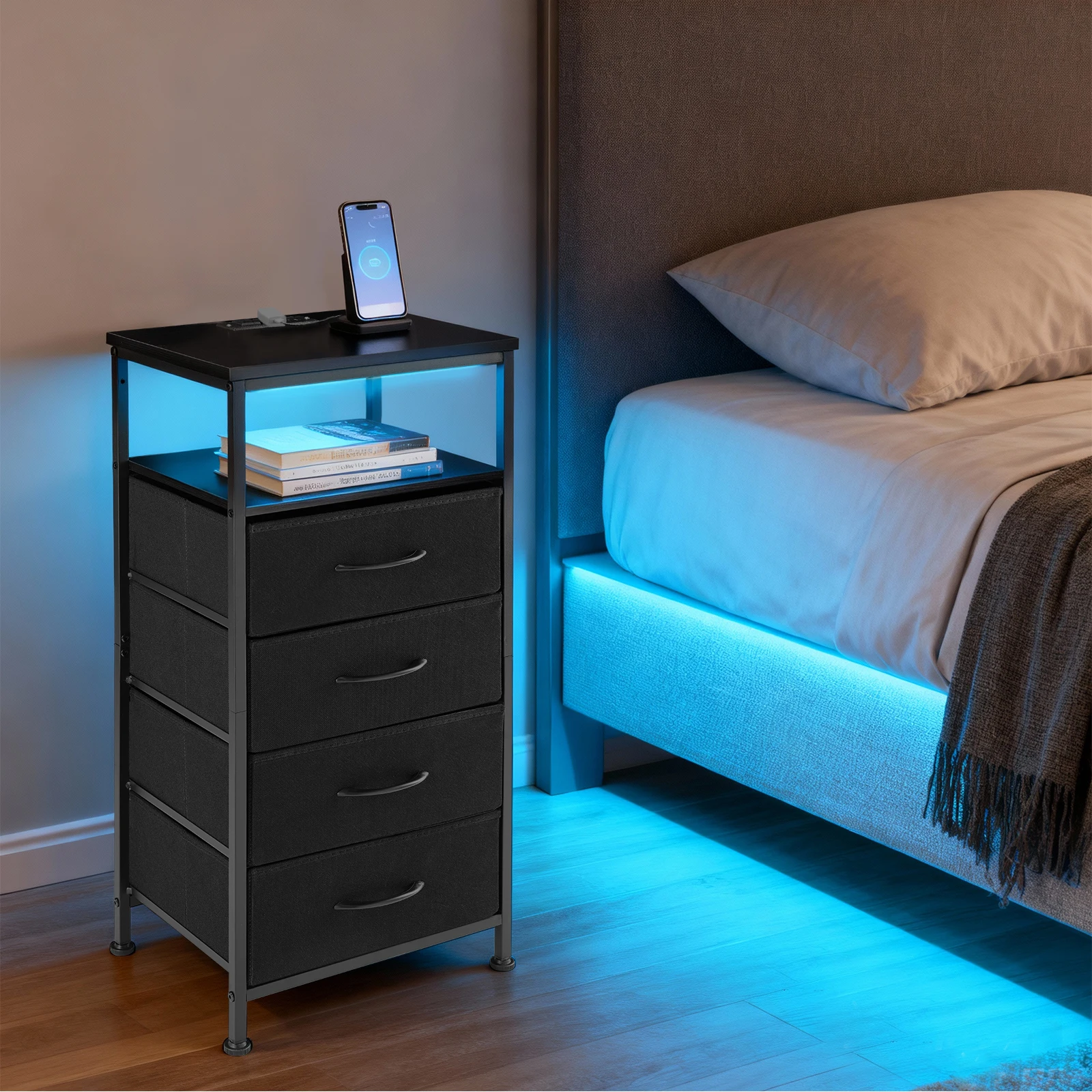 

MCQ 4 Fabric Drawers with Charging Station Cabinets LED Light Strip Bedside End Table Storage Nightstand for Home Furniture