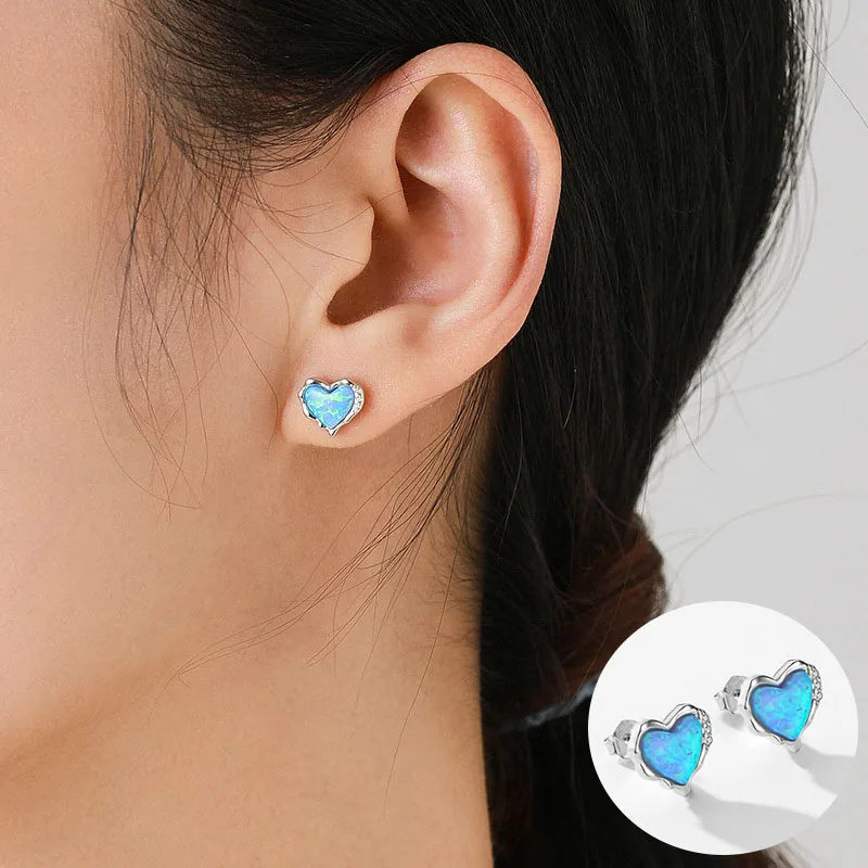 

100% 925 Sterling Silver Opal Love Heart Earrings for Women Girl Fashion Romantic Simple Design Jewelry Party Gift Dropshipping