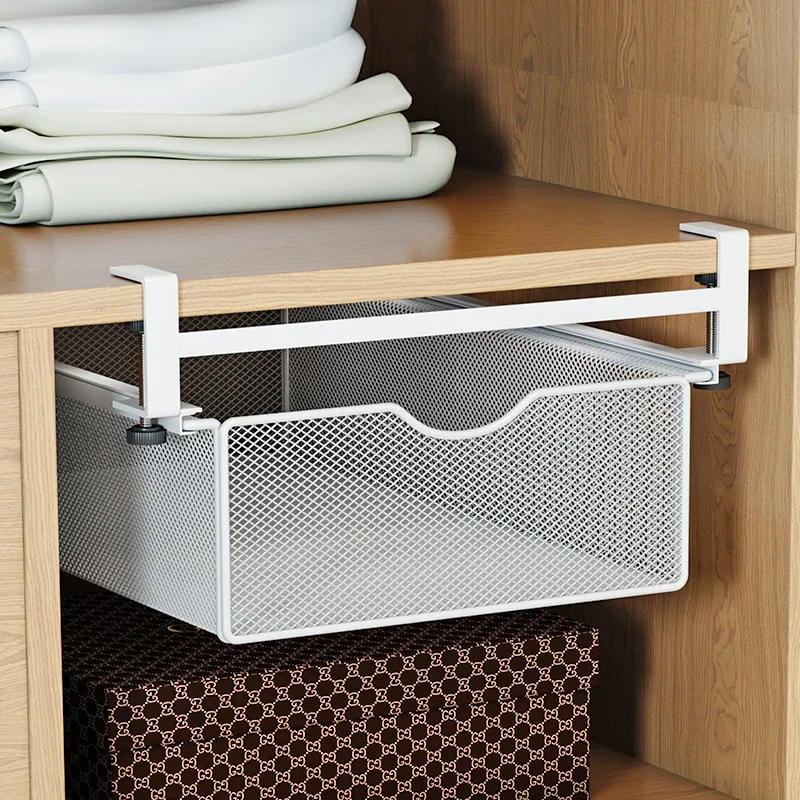 Metal Mesh Wardrobe Pull-Out Basket Partition Shelf Hanging Storage Rack No-Drill Clothes Underwear Socks Tie Belt Organizer