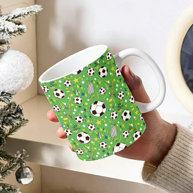 Green Soccer All Over Print Coffee Mug, Cartoon Football Seamless Pattern Ceramic Water Cup,  Sport Kids Adults Drink Cup