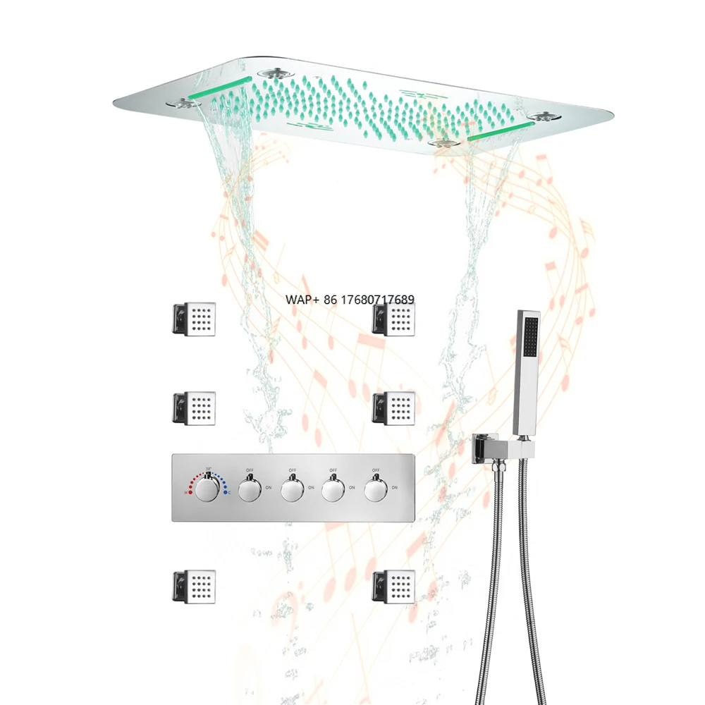 

Modern Brass Polished Thermostatic Faucet 23x15 Inch Music LED Rain Waterfall Rectangle Shower Head