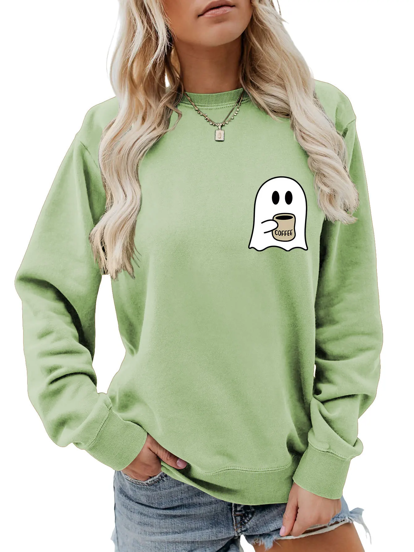 Autumn women's hoodie ghost drink water simple printed top fashion loose crew neck hoodie casual long sleeve hoodie jumper