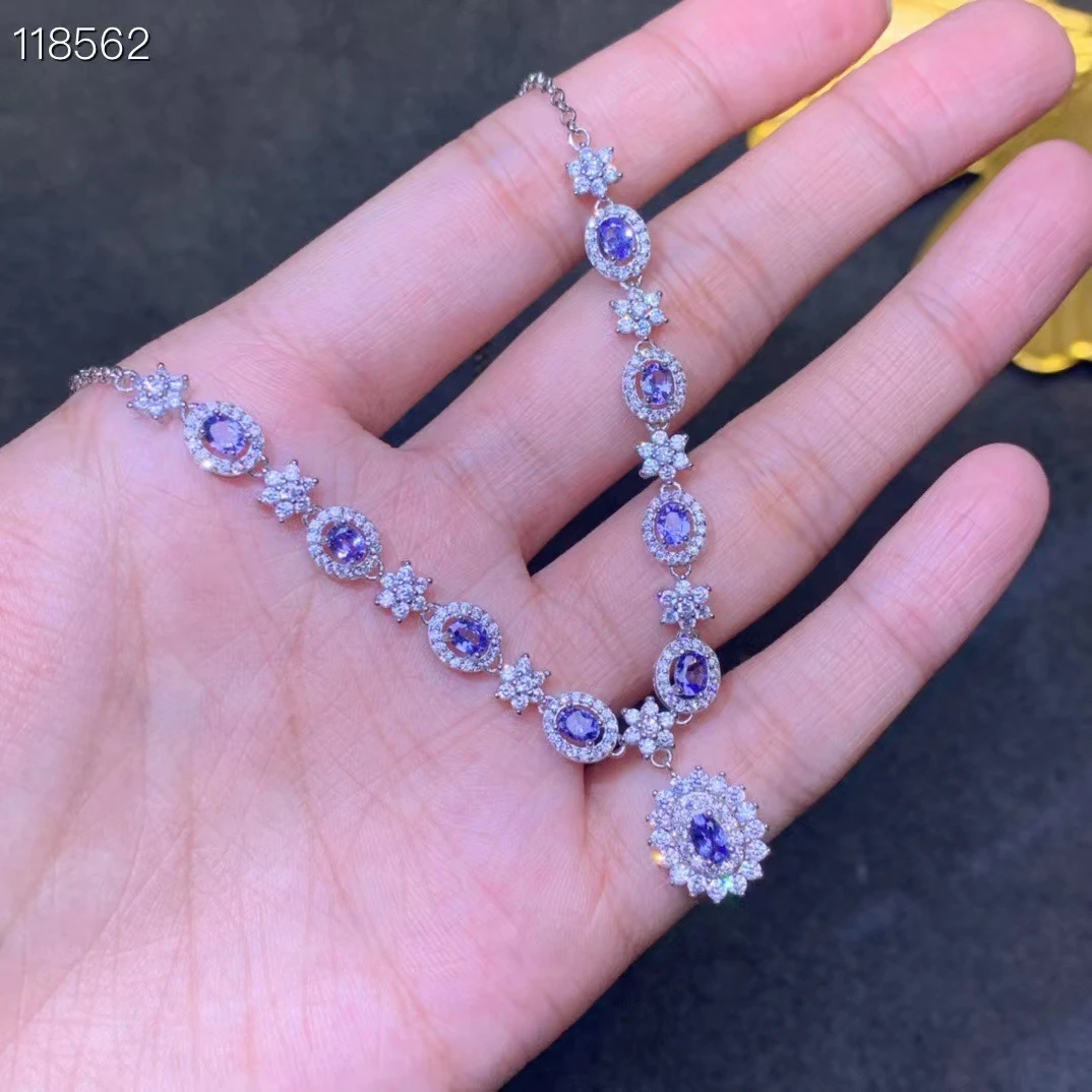 Total 1.4ct Natural Tanzanite Necklace for Party 3mm*5mm 3mm*4mm Tanznaite 925 Silver Necklace 3 Layers Gold Plating No Fading