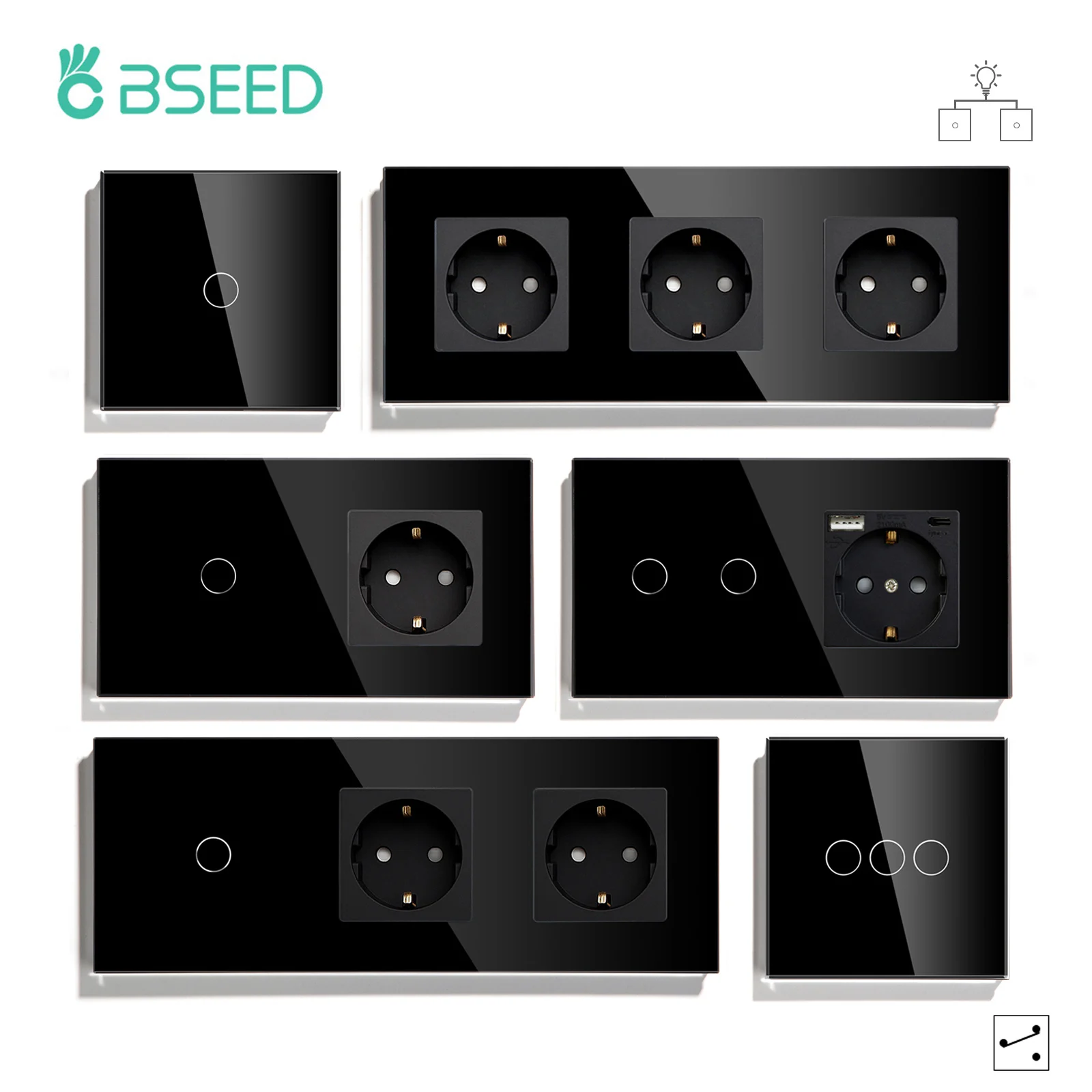 BSEED EU Standard 1/2/3Gang 2Way Wall Touch Switch Light Sensor Switches Wall Socket USB Type-C Crystal Glass Panel 240V Black