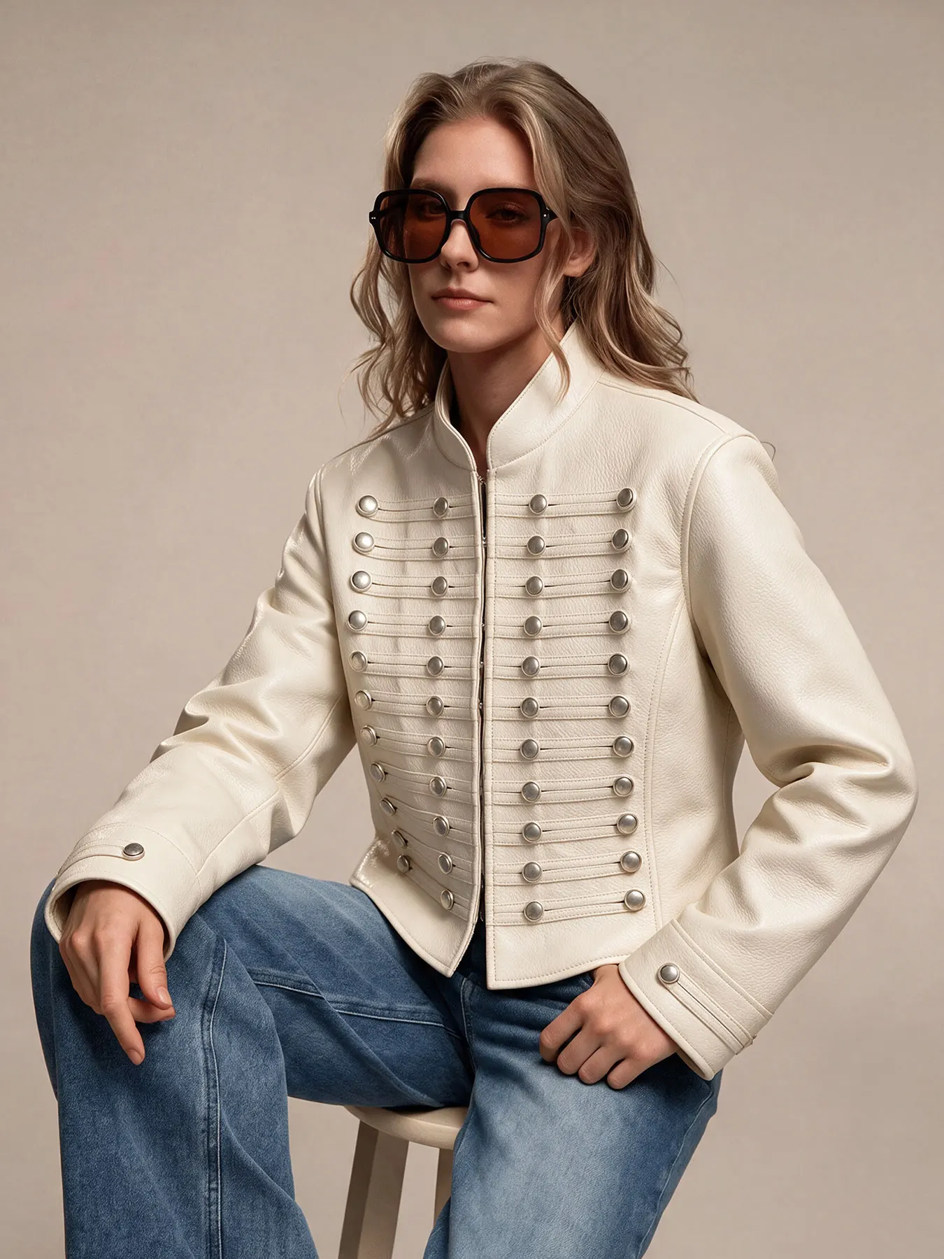 HH Damen Kunstleder-Oberbekleidung Eleganter Stehkragen Verdeckte Knöpfe Schlanker Langarm-Crop-Mantel Lässige Herbst-Party-Jacke