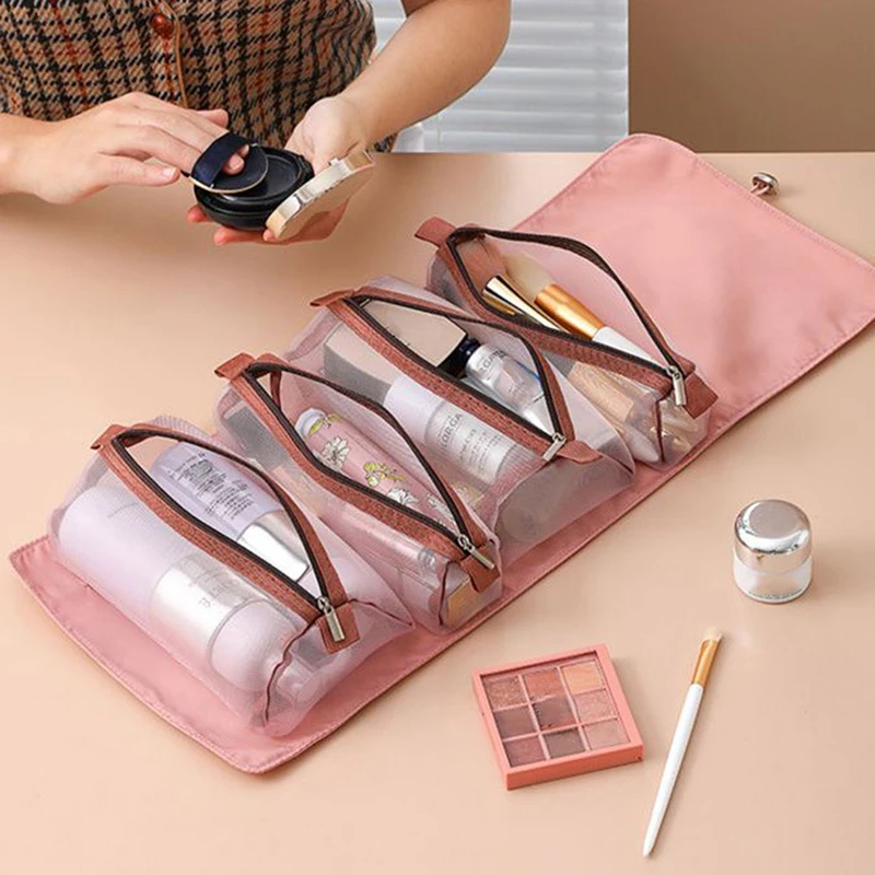 In 1 Borsa per trucco staccabile Borsa per cosmetici da donna in rete con cerniera di grande capacità Borsa da viaggio portatile pieghevole per il