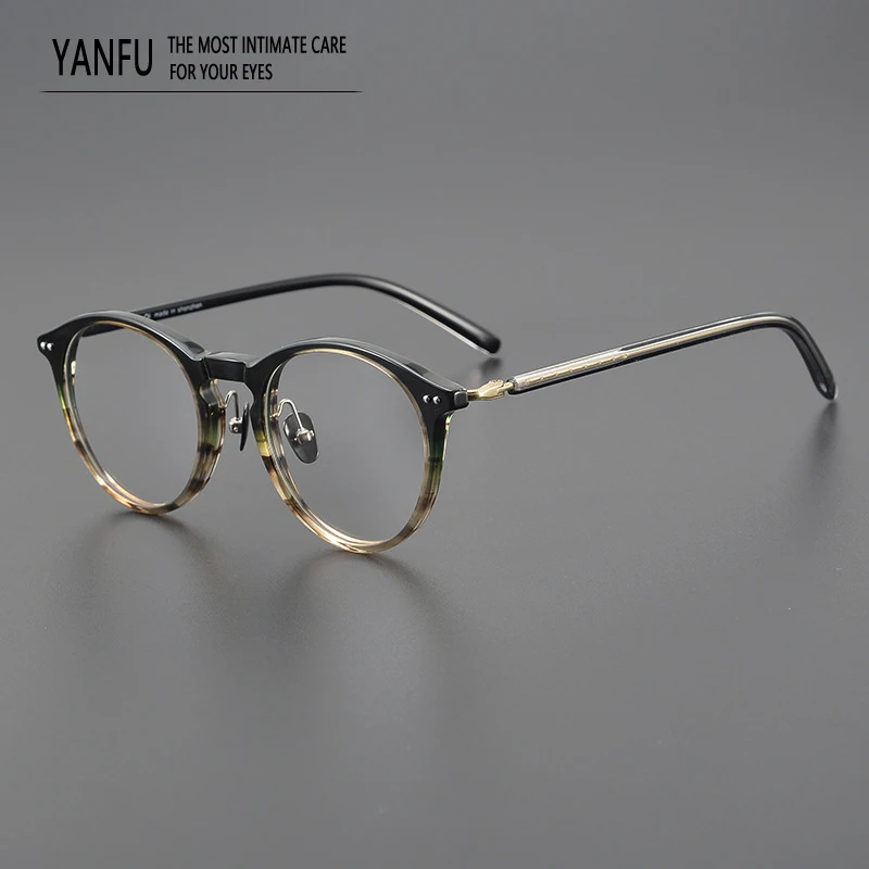 Acetate Tortoise Artistic Vintage Round Glasses Frames Light Retro Optical Eyewear Reading for Women Men Eyeglasses Myopia 9097